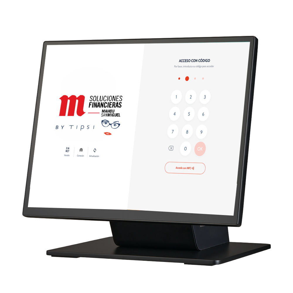 TPV de Mahou San Miguel Soluciones Financieras en pantalla de acceso con código